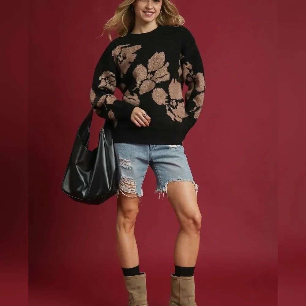 **Umgee Floral Long Sleeve Sweater Floral Pattern Sweater Black/ Taupe Sz Small